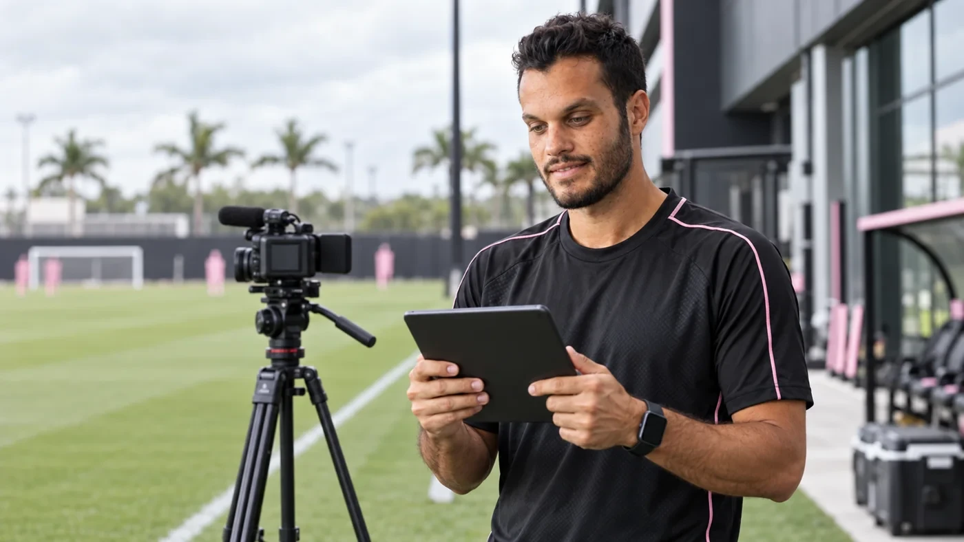 Erik Marquis xem lại video bên đường biên trước buổi tập Inter Miami