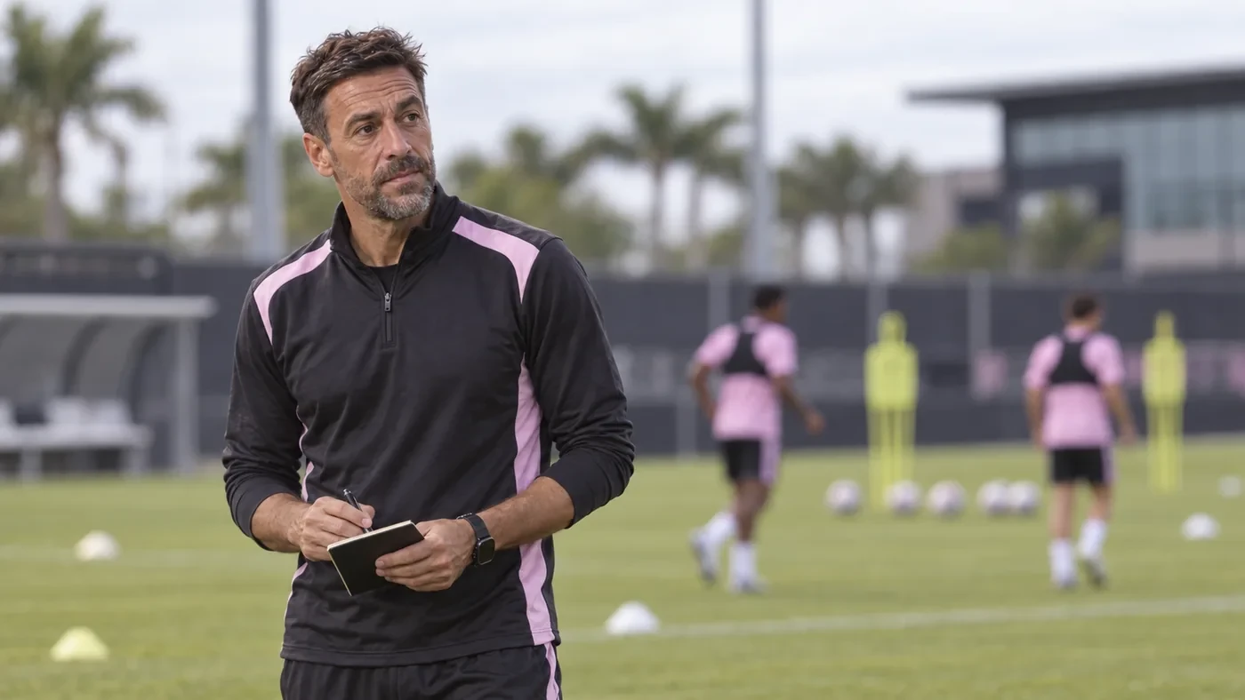 Tomás Costa ghi chú trong lúc quan sát bài tập của Inter Miami