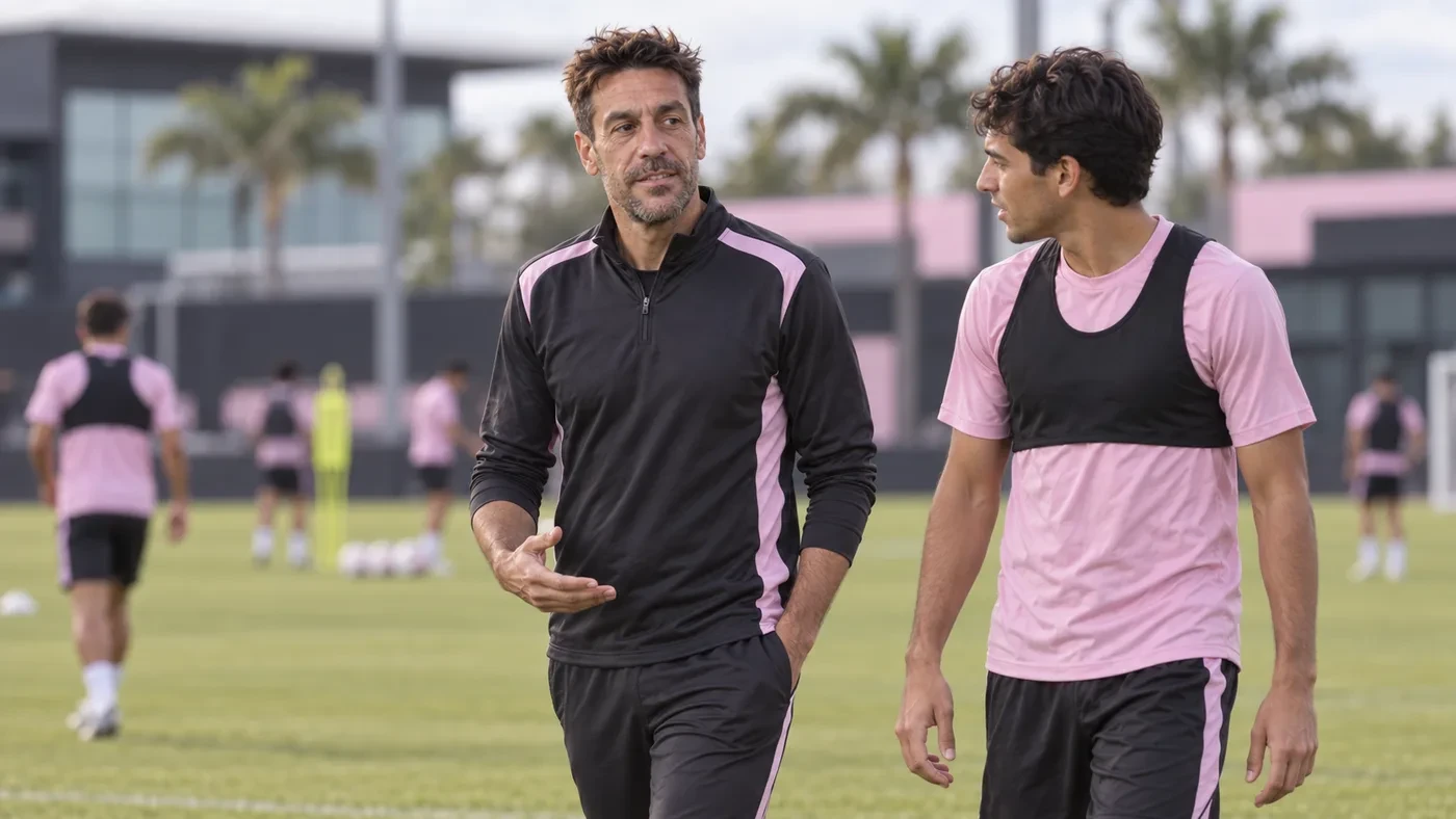 Tomás Costa trao đổi với một cầu thủ sau bài tập của Inter Miami