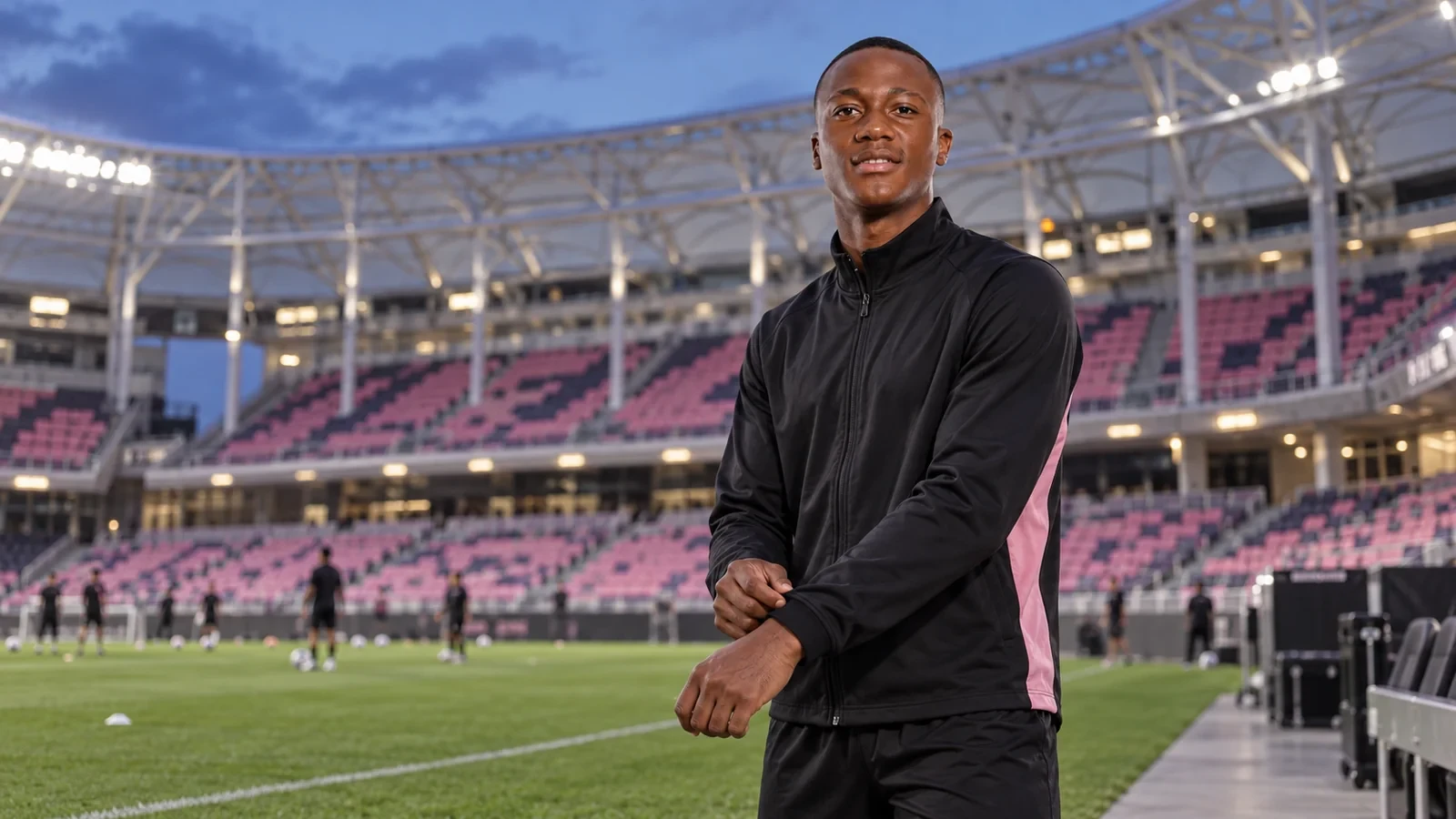 Fricio Caicedo chỉnh tay áo khoác bên mặt sân Inter Miami