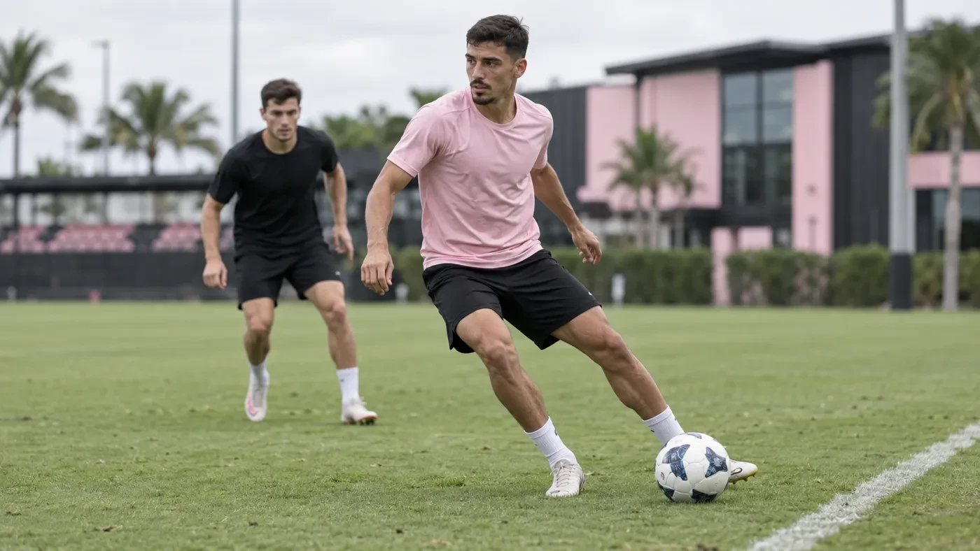 Gonzalo Luján che bóng về phía đường biên trong buổi tập