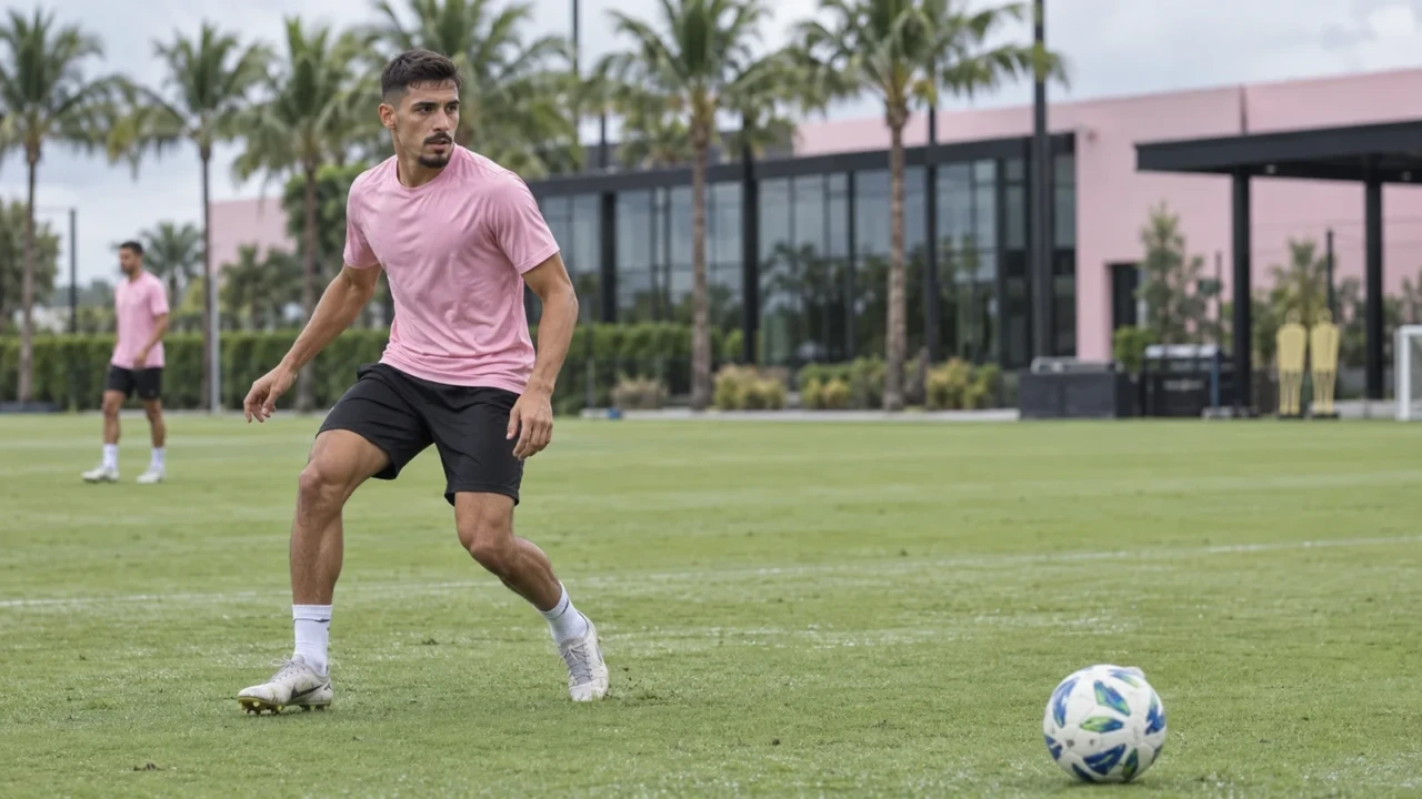 Gonzalo Luján đọc hướng bóng trong buổi tập của Inter Miami