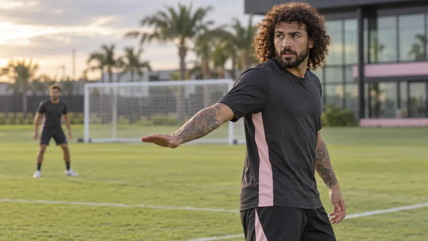 Minh họa Maximiliano Falcón ra hiệu tổ chức hàng thủ Inter Miami