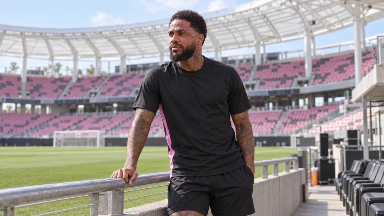 Micael đặt tay lên lan can và quan sát sân nhà Inter Miami