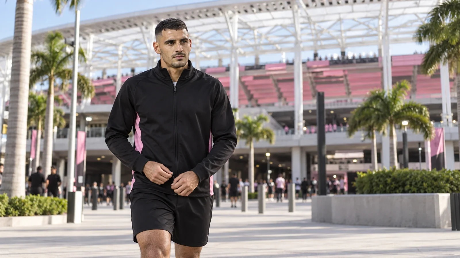 Germán Berterame chỉnh áo khoác khi bước qua lối vào sân nhà Inter Miami
