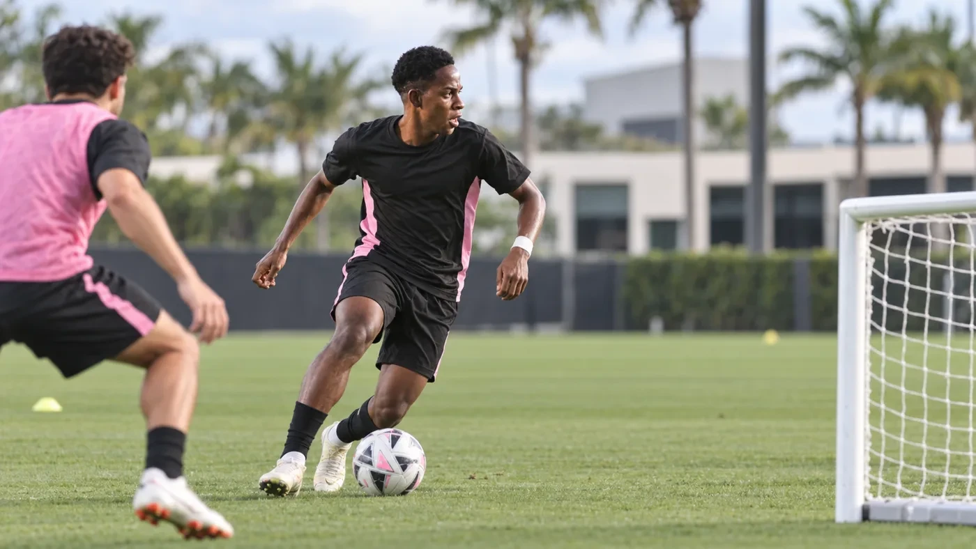 Lovend’s Delinois xử lý bóng trong bài tập tấn công nhỏ của Inter Miami