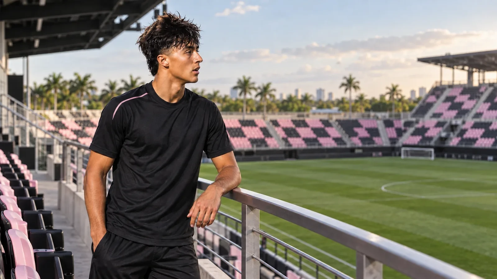 Alexander Shaw quan sát sân từ khán đài trước buổi tập Inter Miami
