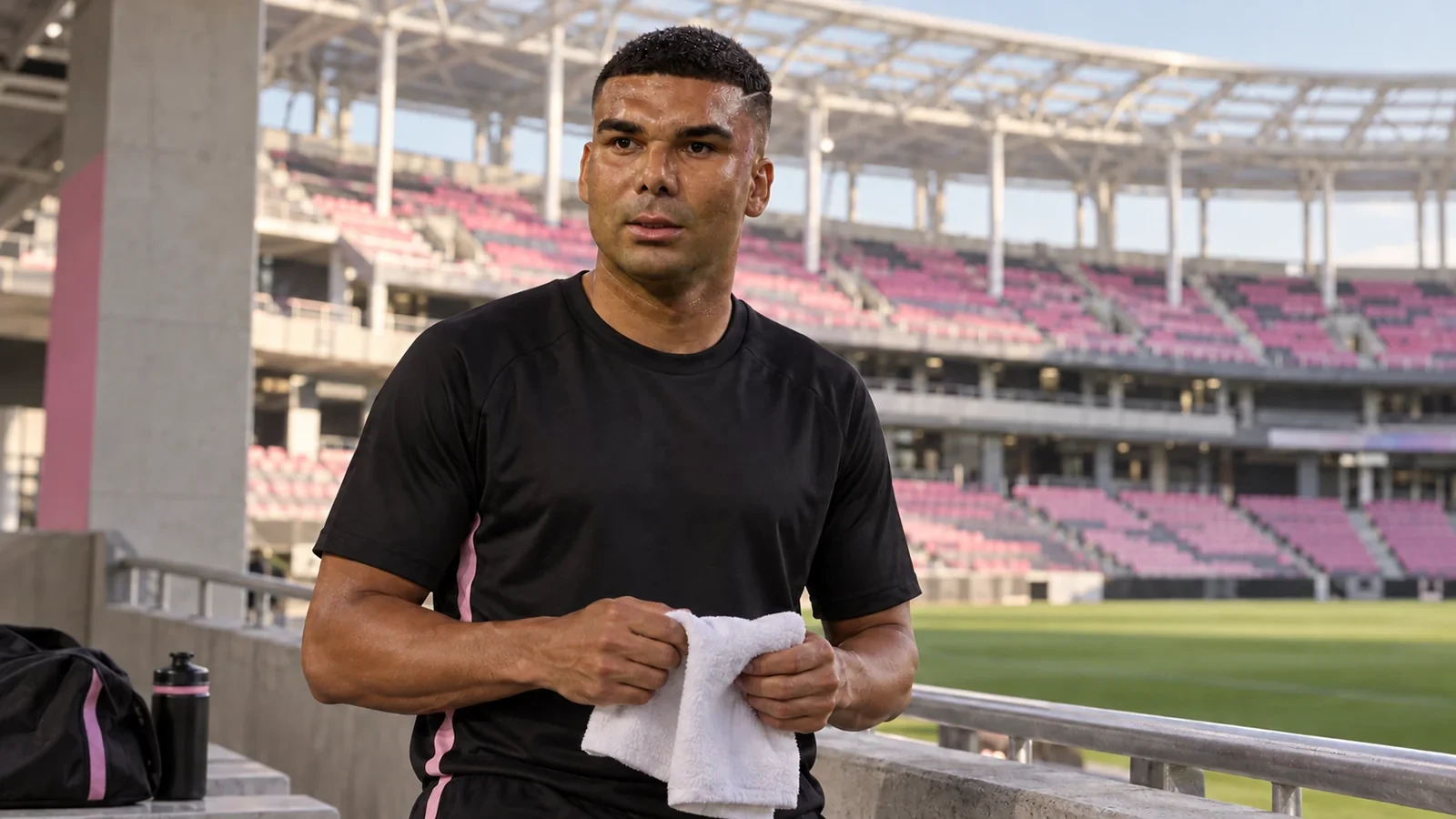 Casemiro cầm khăn trơn và quan sát mặt sân trong bối cảnh Inter Miami