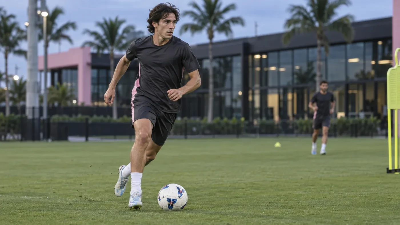 Minh họa Matías Galarza dẫn bóng trong bài tập Inter Miami