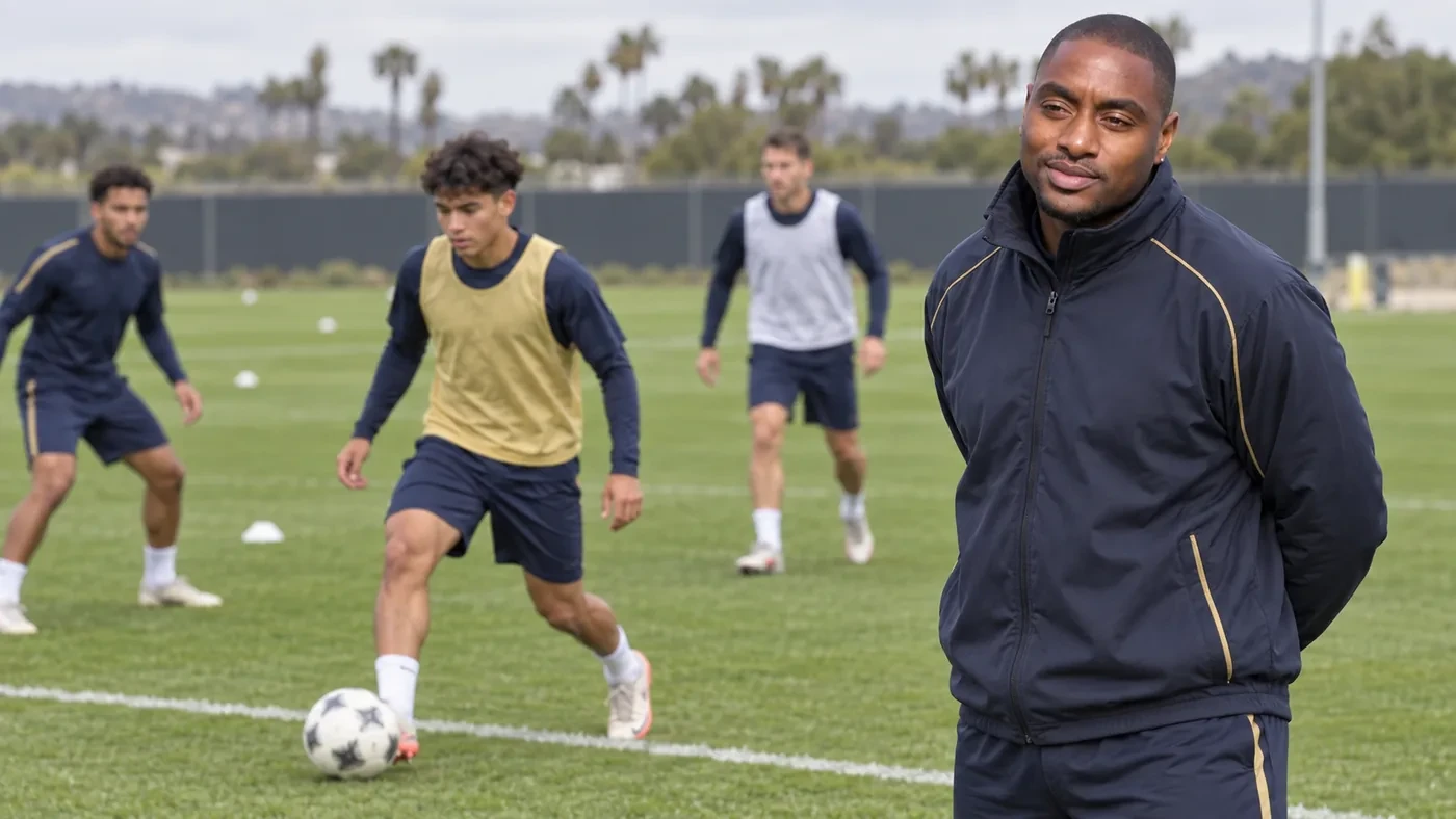 Jason Bent quan sát cầu thủ trẻ bước vào bài tập nhóm một LA Galaxy