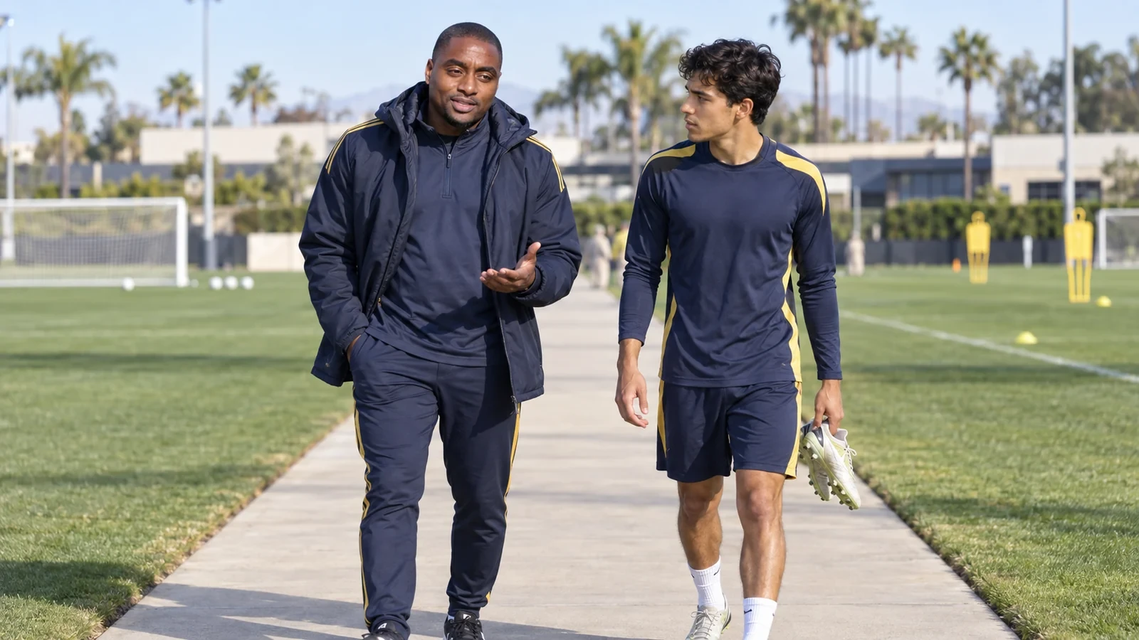 Jason Bent trao đổi với một cầu thủ trẻ giữa hai sân tập LA Galaxy