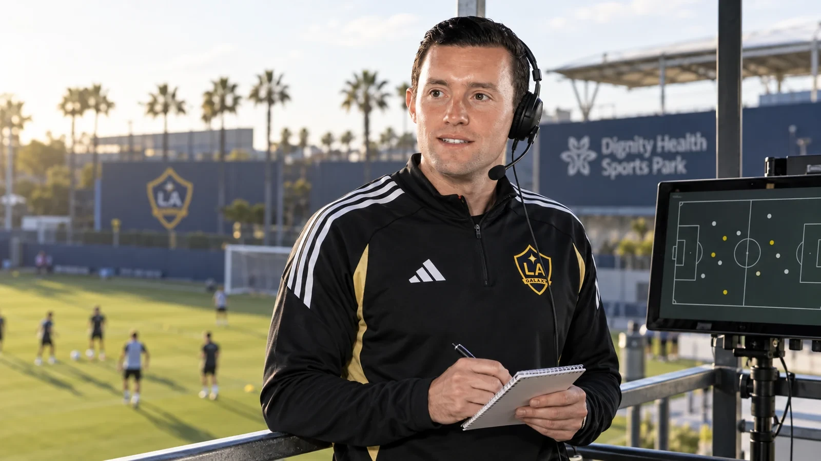 Sam Green theo dõi buổi tập LA Galaxy từ vị trí phân tích trên cao