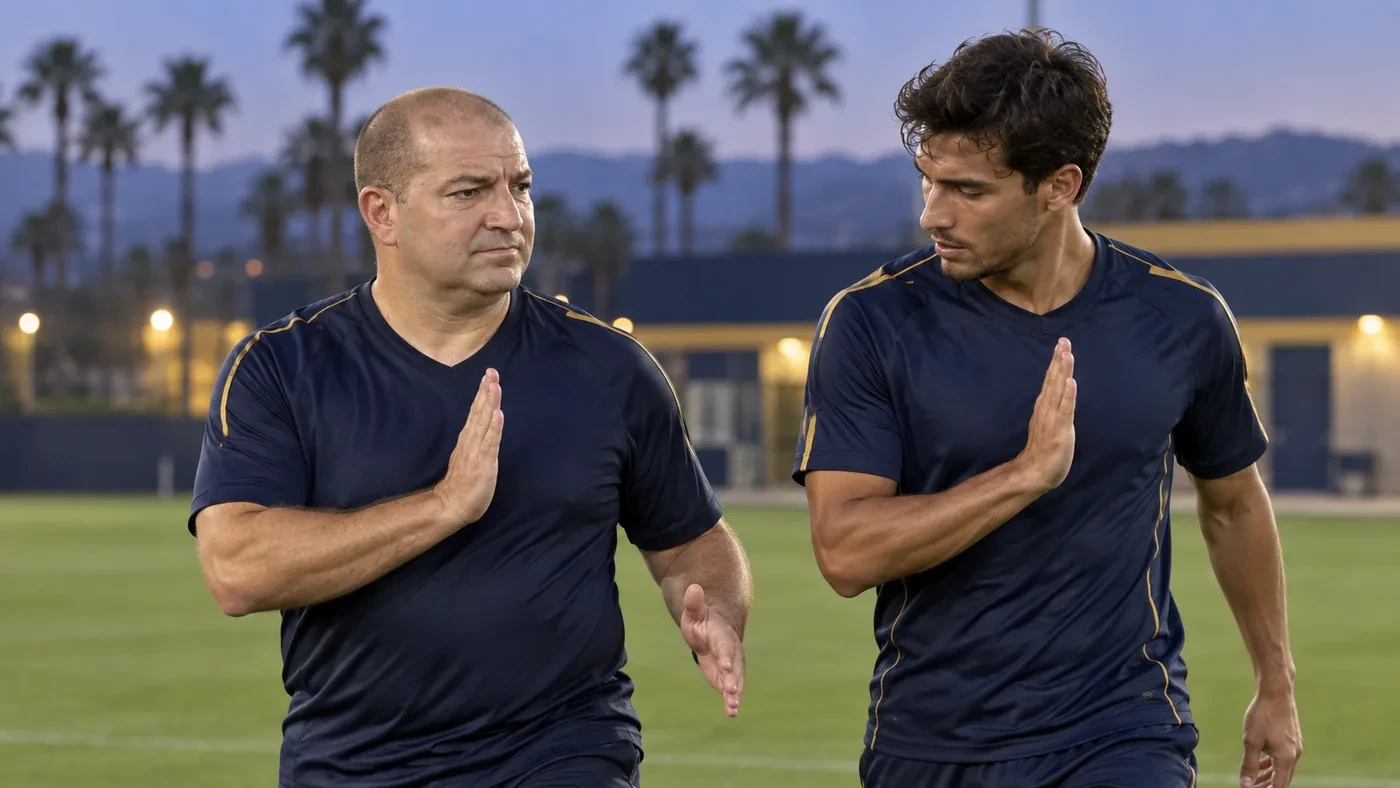 Nick Theslof minh họa tư thế thân người cùng một cầu thủ LA Galaxy